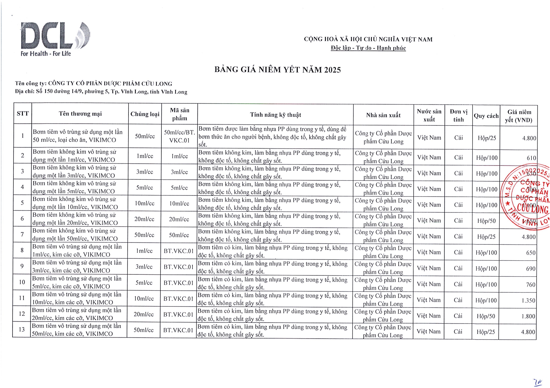 VIKIMCO – BẢNG GIÁ NIÊM YẾT NĂM 2025